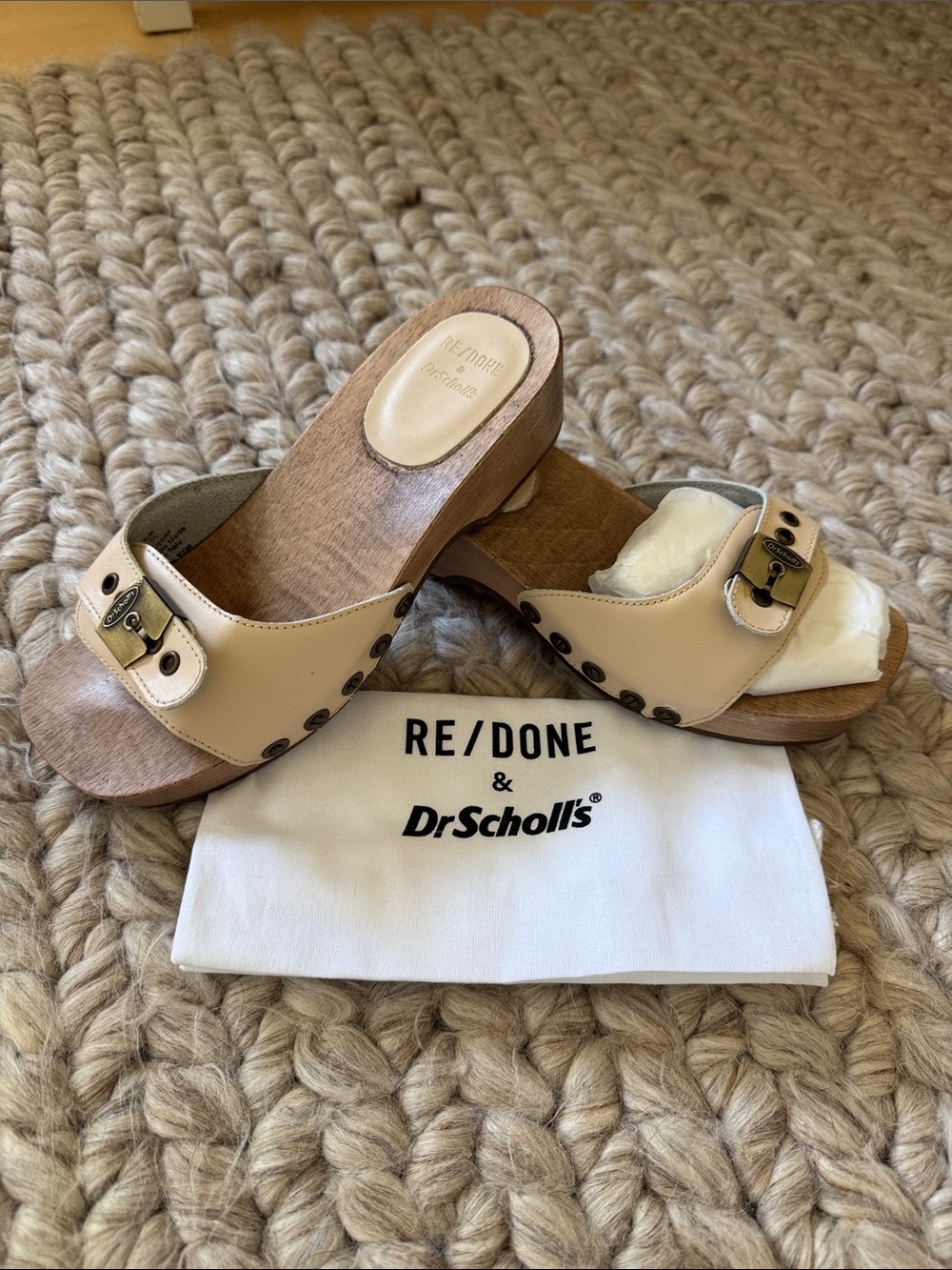 Dr. Scholl's and ReDone Collab Cream Leather Wooden Clog Mules with Buckle